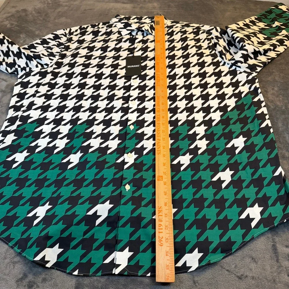 Murano Houndstooth‎ Button Down Shirt Mens 3XB Green Black White Long Sleeve NEW